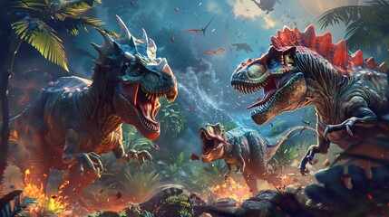 Dino Mayhem Arena: Enter a chaotic arena filled with rampaging dinosaurs and battle against rival players in fast-paced MOBA matches set in the prehistoric world of Jurassic beasts, where skill and