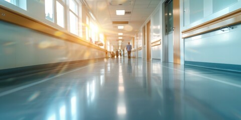 Bright hospital corridor with a shiny floor. AI.