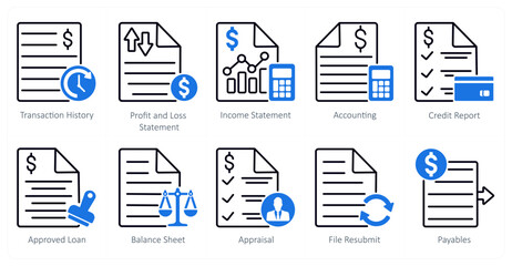 A set of 10 banking icons as transaction history, profit ans loss statement, income statement