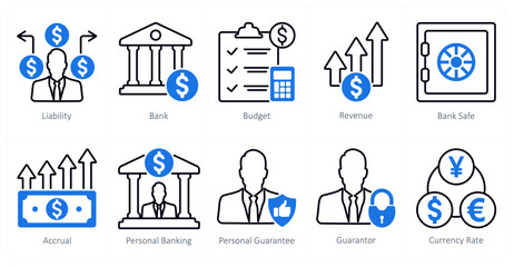 A set of 10 banking icons as liability, bank, budget
