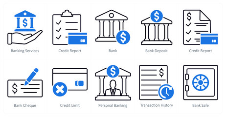 A set of 10 banking icons as banking services, credit report, bank