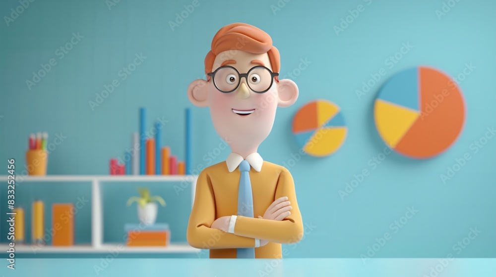 Aufkleber 3d animated character in an office setting with charts and shelves. ideal for business presentations