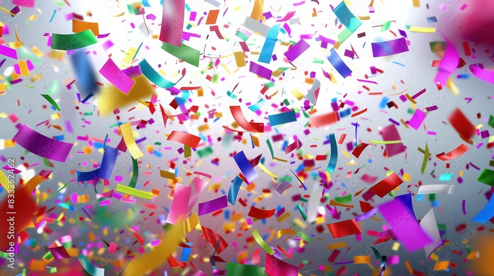 Poster a dynamic confetti explosion effect with bright, bold colors in sharp geometric shapes, set against 