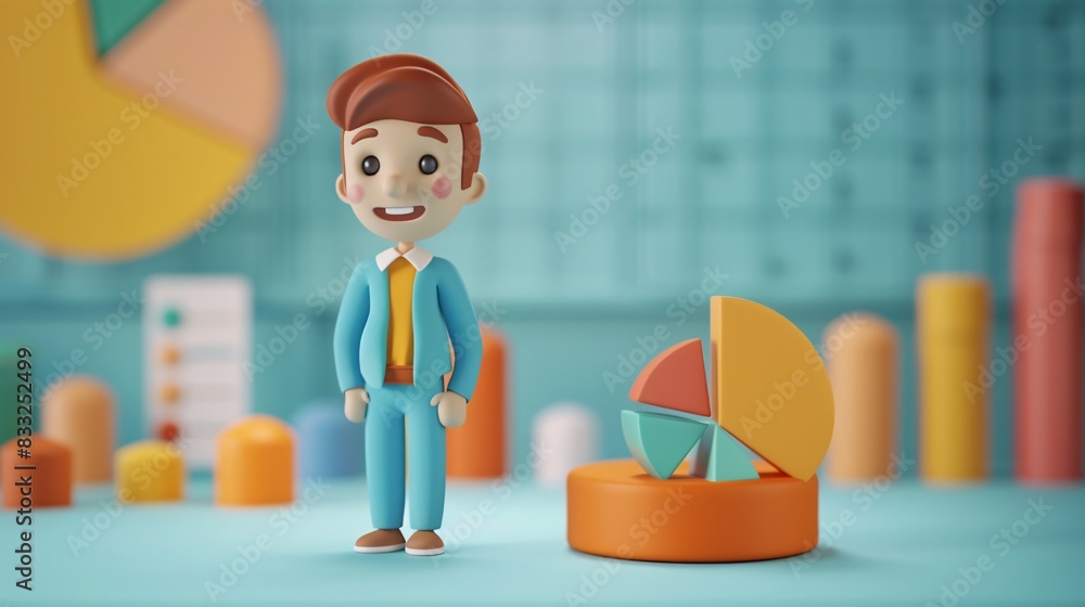 Aufkleber 3d cartoon business character standing by colorful pie chart with blurred graphs in office backgroun