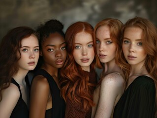 Obraz premium Portrait of five beautiful women with different skin tones and hair colors. AI.