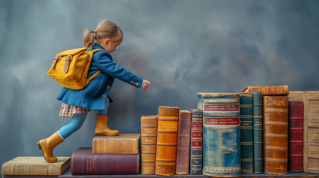 A young girl, dressed in a blue coat and carrying a yellow backpack, ascending a series of large books. The books are stacked in ascending order