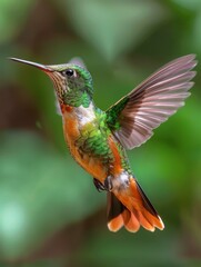 A stunning hummingbird hovers in mid-air, its long, thin beak outstretched. AI.