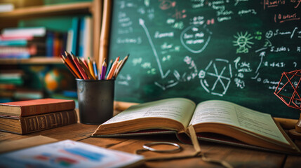 A green chalkboard filled with mathematical formulas and equations. In the foreground, there's an open book with its pages spread out, accompanied by a stack of books
