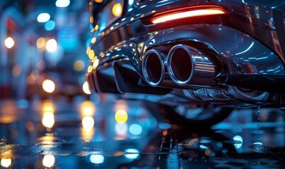 Close-up of a car's exhaust pipes with a blurred cityscape in the background. AI.