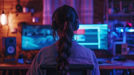 Fototapeta premium Technology Concept : A female programmer in dark room