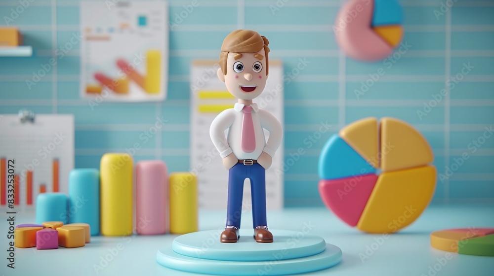 Poster 3d illustration of a business character with charts and graphs in the background, representing data 