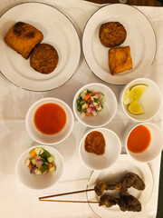 Food photo of tofu, tempeh and chicken liver satay. Perfect for magazines, newspapers