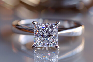 Closeup detail of a custom made princess cut diamond engagement ring.