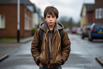 Obraz premium A young boy wearing a brown jacket and backpack stands on a wet street