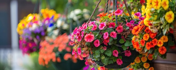 Vibrant hanging flowers baskets in bloom.