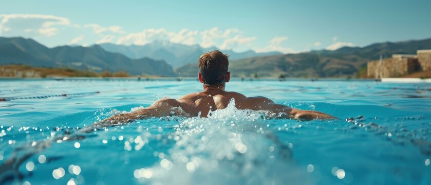 A man swimming in a pool with a beautiful mountain backdrop. AI.