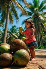 Fototapeta premium Little girl picking up a coconut from a pile of coconuts. AI.
