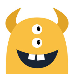 Happy Halloween. Cute monster scary face head icon. Eyes, fang tooth, horns. Cartoon boo spooky character. Orange silhouette. Kawaii funny baby. Flat design. White background. Vector illustration
