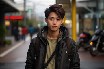 A young man wearing a black jacket