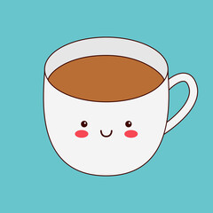 White coffee cup mug. Cute smiling face. Eyes, mouth, cheeks. Cappuccino espresso icon. Contour line hand drawn doodle. Kawaii funny food character. Childish style. Flat design. Blue background Vector