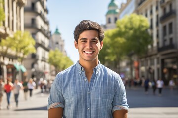 Obraz premium A man is smiling in front of a building