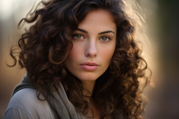 Fototapeta premium A woman with curly hair is standing in front of a tree