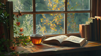 Fototapeta premium A cup of aromatic tea and a book on the window in the autumn season