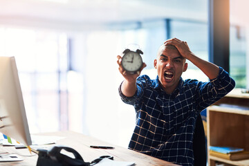 Clock, deadline or stress and designer man screaming in office with anxiety, panic or pressure. Late, portrait and time with employee shouting in creative workplace for cut off, limit or schedule - Powered by Adobe