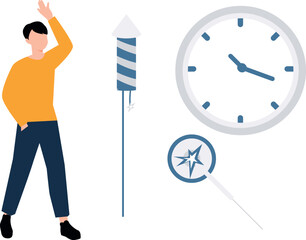 The boy is standing near the firecrackers.