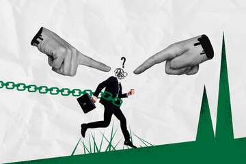 Creative collage picture young headless businessman run chain slavery manipulation human hands...