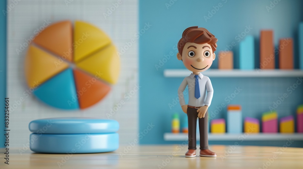 Aufkleber 3d render of a cheerful business character with a pie chart and bar graph in the background, symboli