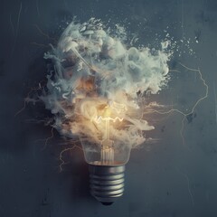 Creative image of a light bulb exploding with dramatic smoke and sparks, symbolizing ideas and innovation.