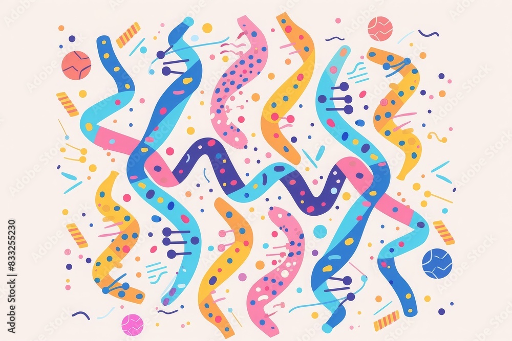 Poster colorful abstract geometric patterns with zigzag lines and dots, perfect for modern backgrounds and 
