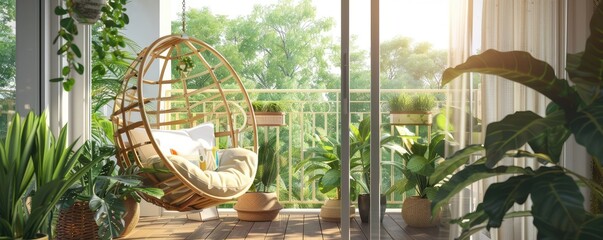A comfortable home interior bathed in sunlight, with lush green plants, creating a peaceful sanctuary.