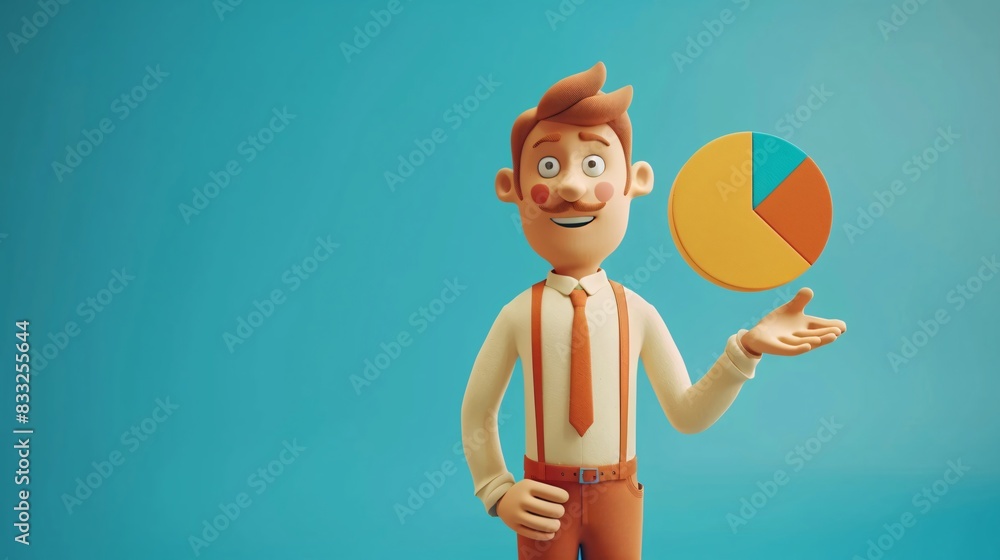 Poster 3d illustration of a business character in a suit presenting a pie chart with a blue background, rep