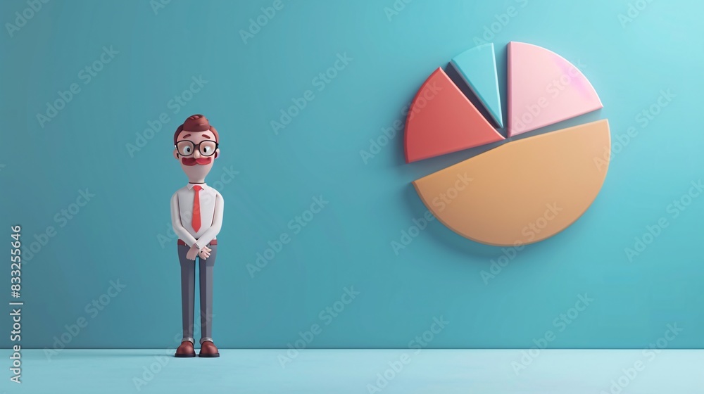 Poster 3d illustration of a businessman standing next to a colorful pie chart on a blue background, represe