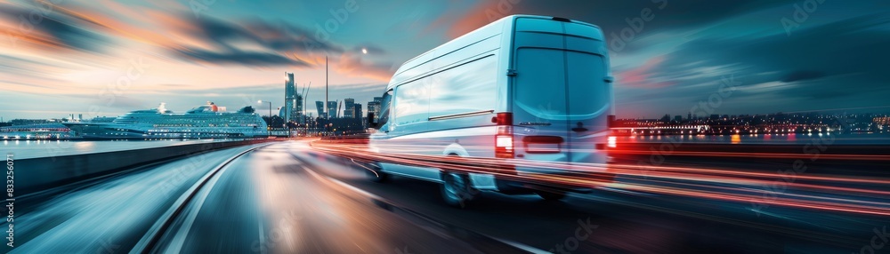 Wall mural modern delivery shipment cargo courier van moving fast on motorway road, fast package delivery