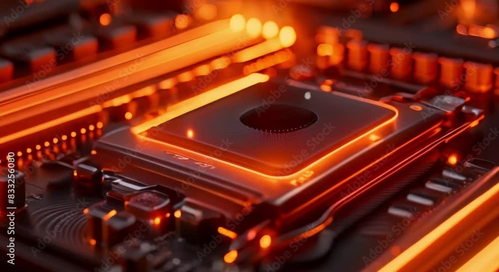 Poster closeup macro photo of memory hardware with neon led lights tech device. concept technology photogra