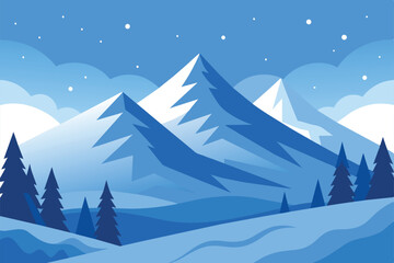 Vector illustration Winter snowy Mountains landscape with hills and pines