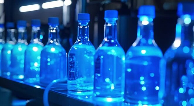 Purification of solution in glass bottles through UV light sterilization. Concept Sterilization, UV Light, Glass Bottles, Purification, Solution