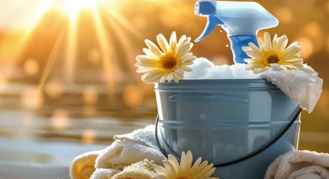 Blue bucket filled with essential cleaning supplies for household chores. Concept Household Cleaning, Organization Tips, Cleaning Supplies, Home Essentials, Chore Efficiency