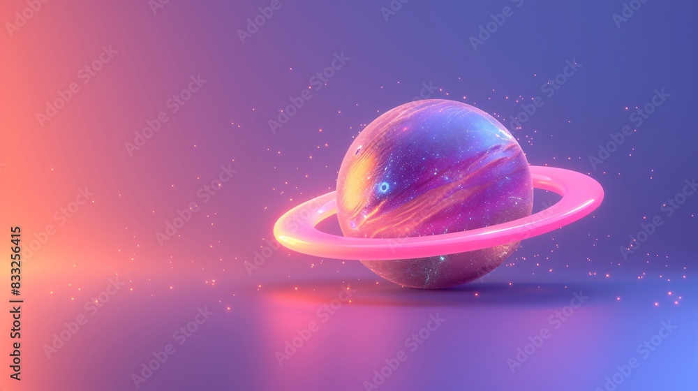 Poster 3d rendering of a colorful, glowing planet with a pink ring, surrounded by a cosmic abstract backgro