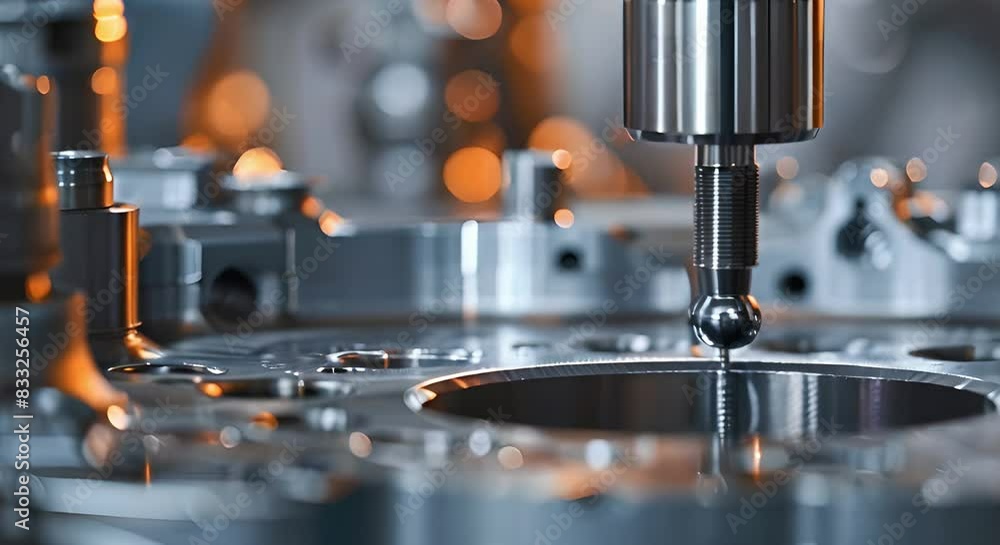 Poster precision measurement of metal engine block part dimensions with multiaxis cmm probe stylus ball tip