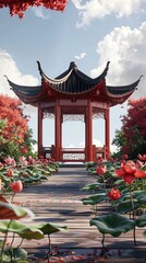 A red lotus pavilion in an ancient Chinese setting, front view, conveying elegance and tradition, celestial tone, Complementary Color Scheme