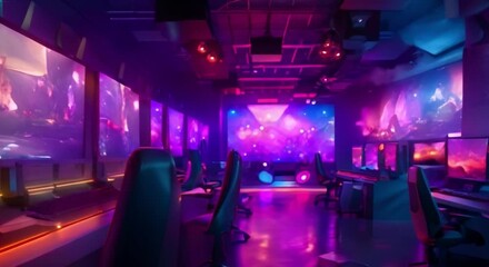 Modern internet cafe with computers for gaming tournaments. Concept Internet Cafe, Gaming Tournaments, Modern Design, Computer Stations, Tech Events