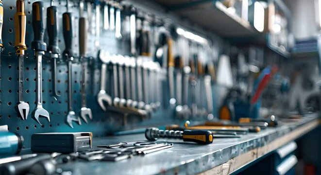 Tool rack with various tools hanging organized by type and size. Concept Garage Organization, Tool Display, Efficient Storage, DIY Handiwork, Home Improvement