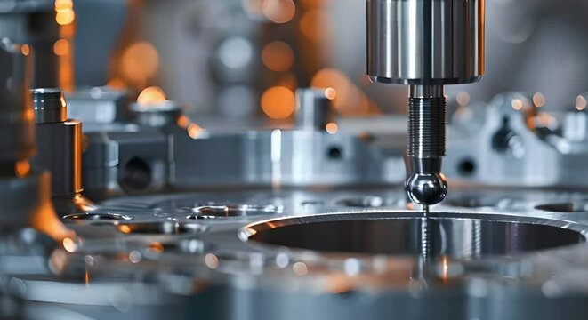 Precision Measurement of Metal Engine Block Part Dimensions with Multiaxis CMM Probe Stylus Ball Tip. Concept Metalworking, Engine Components, Quality Control, Measurement Technology