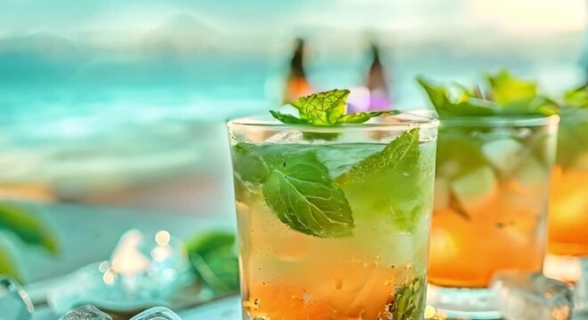 Young friends enjoying mojitos at a beach cocktail bar in summer. Concept Beach, Friends, Mojitos, Summer, Cocktails