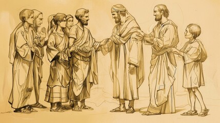 Biblical Illustration of Mark 3: Healing of Withered Hand, Appointing Twelve Apostles, True Family on Beige Background with Copyspace