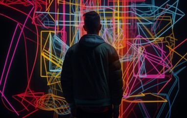full shot of a male surrounded by neon lines and geometric symbols 